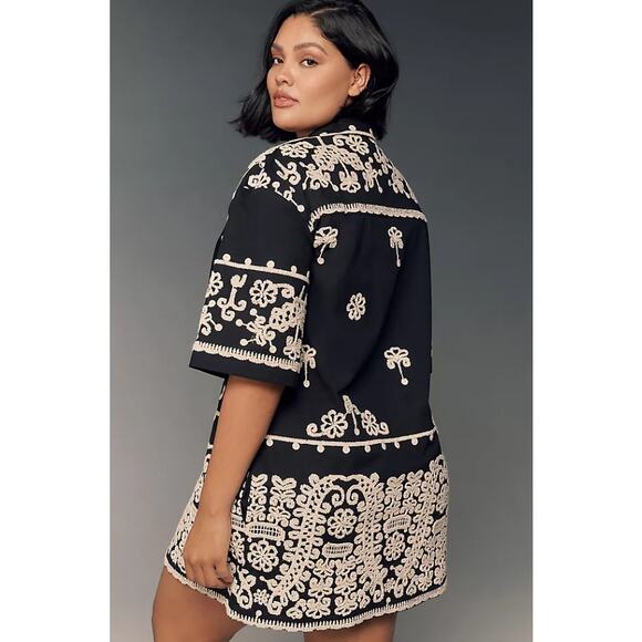 MAEVE Short Sleeve Collared Mini Shirt Dress Black Embroidered Casual Women's XS - Picture 4 of 15